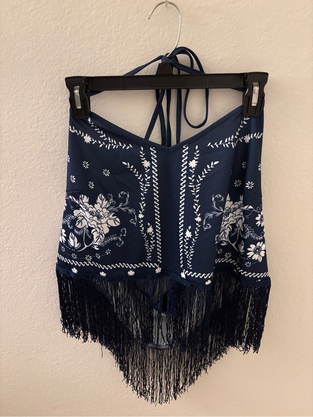 SHEIN Navy Blue Floral Bandana Crop Top with Fringe